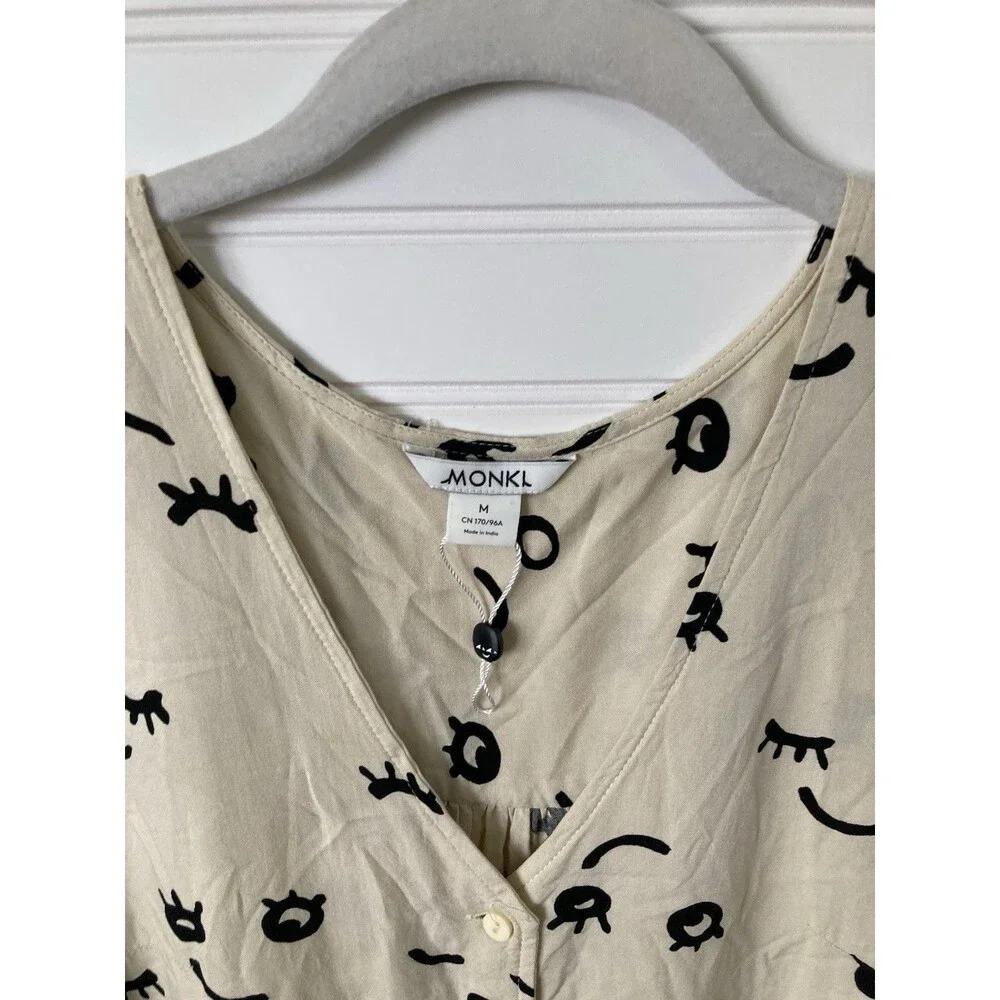 Monkl Mini Dress Tunic Face Print MEDIUM Women Ruffle Hem Artsy Quirky Boho